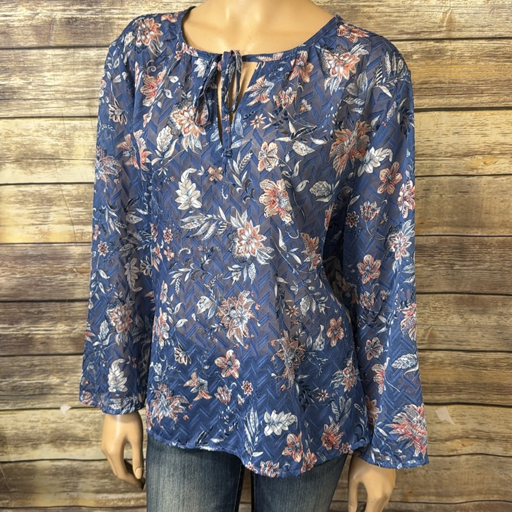 Chico’s Blouse size 3 Keyhole Tie Neck‎ Sheer Floral 16 Long Sleeve Blue